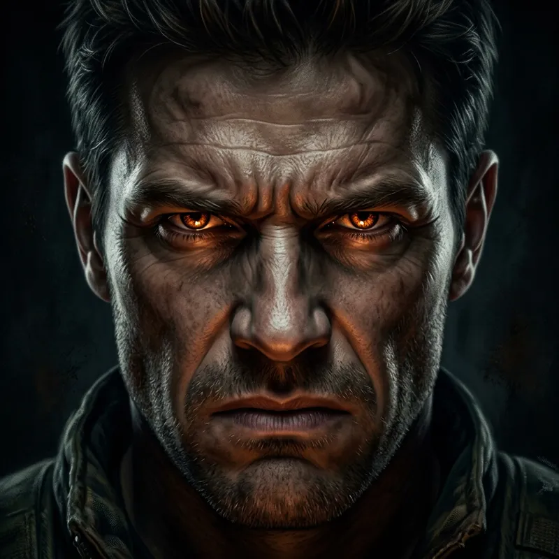 Intense Close-Up of John Wick's Face - Glowing Eyes and Bitter Emotions Intense Close-Up of John Wick's Face - Glowing Eyes and Bitter Emotions