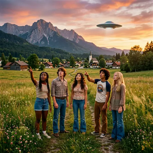 Teenagers' Mysterious Encounter in 70s Sunlit Meadow