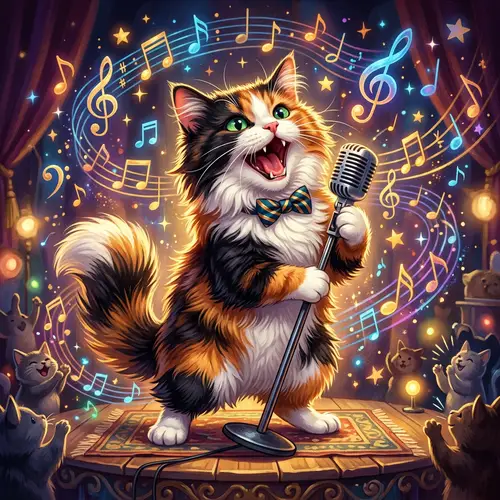Tri-color Singing Cat Illustration | Musical Notes Background