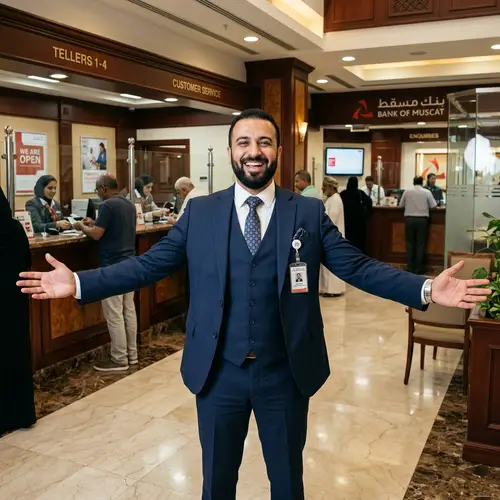 Joyful Middle Eastern Man in Office Suit at Traditional Bank Branch