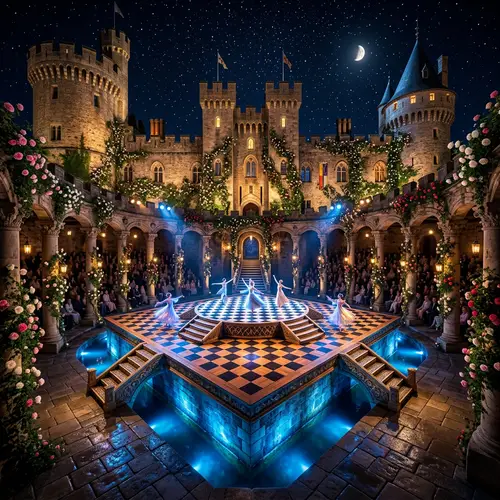 Enchanting Indoor Castle Setting: Starry Night Sky & Diamond Stage