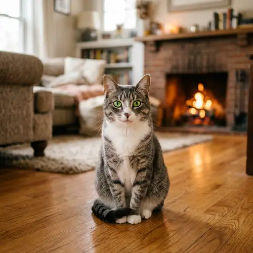 Striped Grey & White Domestic Short-Haired Cat with Green Eyes