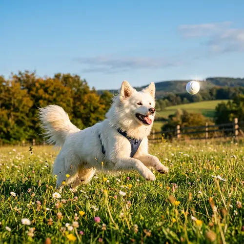 Serene Outdoor Setting with a Playful White Dog Catching a Ball