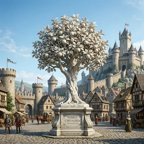 Apple Tree Marble Statue in Medieval City | Charming Artistry