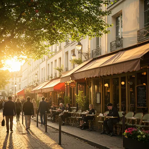 Charming Sunny Street with Elegant Cafés