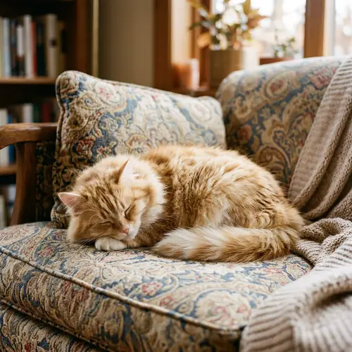 Tiny Fat Cat Resting on Sofa | Tranquil Feline Scene
