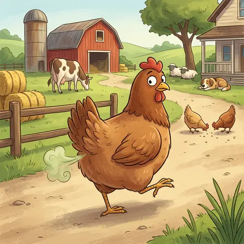 Funny Chicken Farting in a Cartoon Farm Scene
