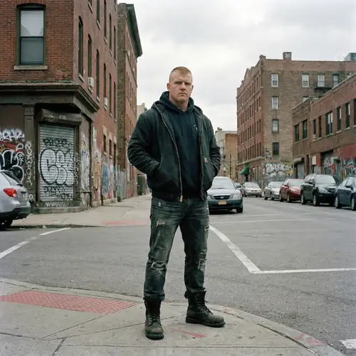 Muscular Man in Casual Street Clothes | Urban Neighborhood