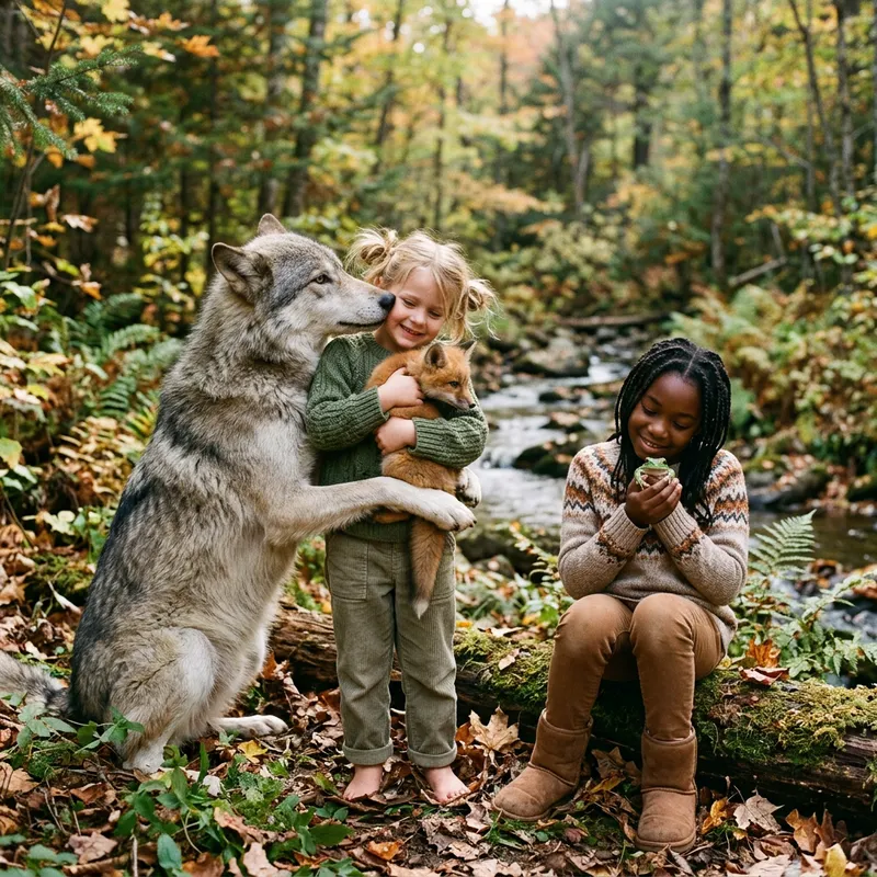 Heartwarming Scenes: Wolf Loving Girl, Fox, and Frog Heartwarming Scenes: Wolf Loving Girl, Fox, and Frog