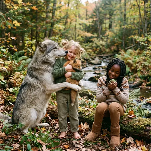 Tender Embrace: Wolf, Fox, Girl, and Frog Love Story