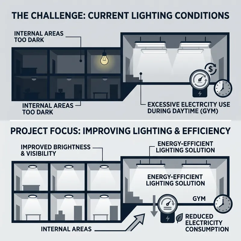 Minimalist Illustration of Internal Lighting Challenges and Project Focus