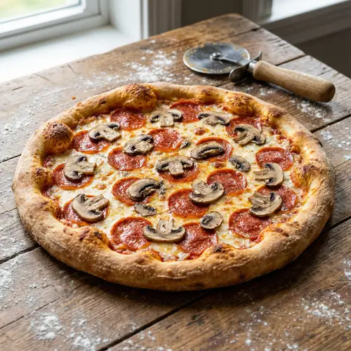 Delicious Pepperoni and Mushroom Pizza on Rustic Table