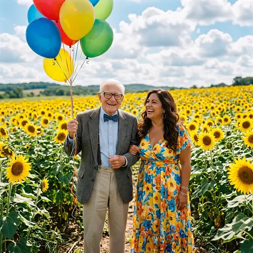 Joyful Elderly Man and Hispanic Woman in Field of Sunflowers