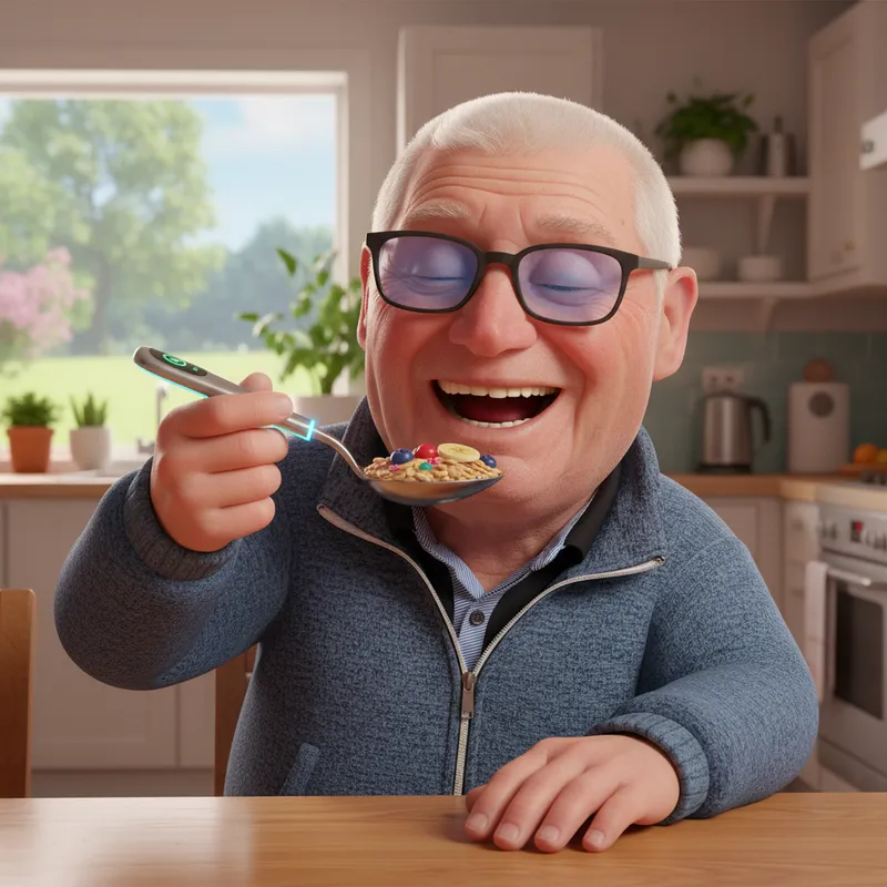 Happy 80-Year-Old Man with Smart Spoon in Pixar Style