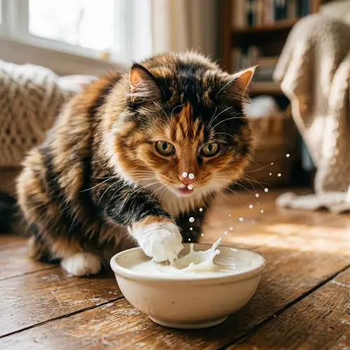 Adorable Fluffy Cat Playing with Creamy Milk - Heartwarming Scene