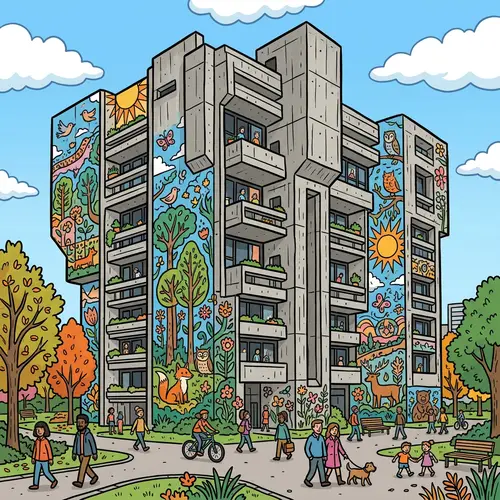 Brutalist Building with Stunning Mural Art
