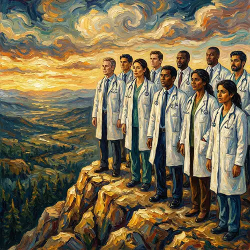 Diverse Group of Doctors on Mountain Peak - Nature-Inspired Image