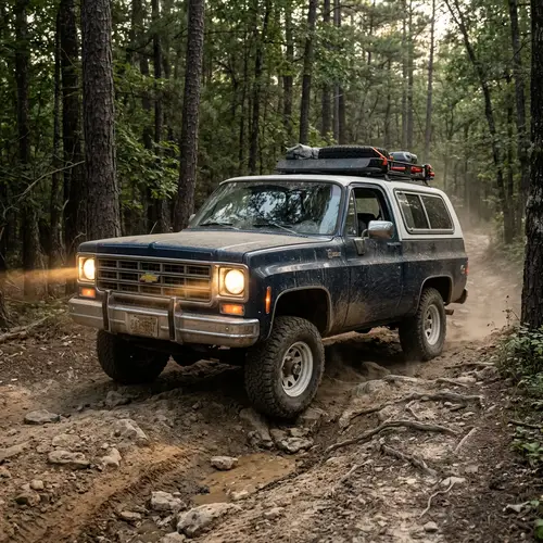 Dark Blue Chevrolet Blazer Samba Off-Roading | Remote Woodland Scene