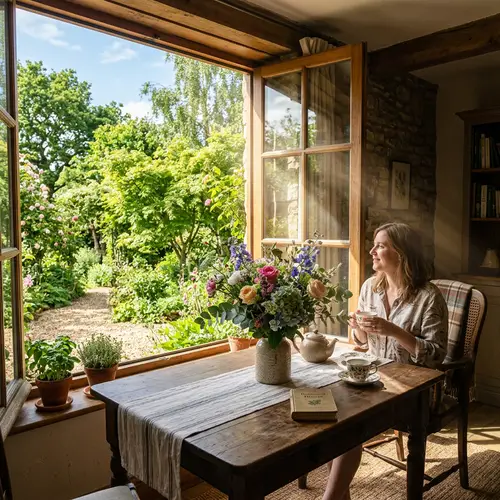 Elegant Table with Flowers and Sunlit Garden View