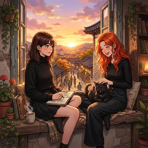 Detailed Manhwa Style Sunset Image of Two Beautiful Girls