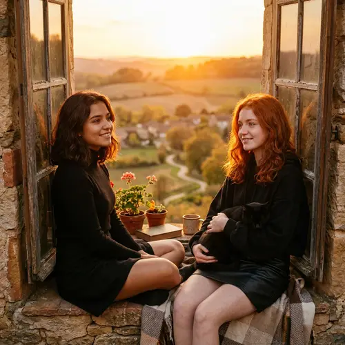 Enchanting Golden Sunset Scene with Two Girls and a Black Cat