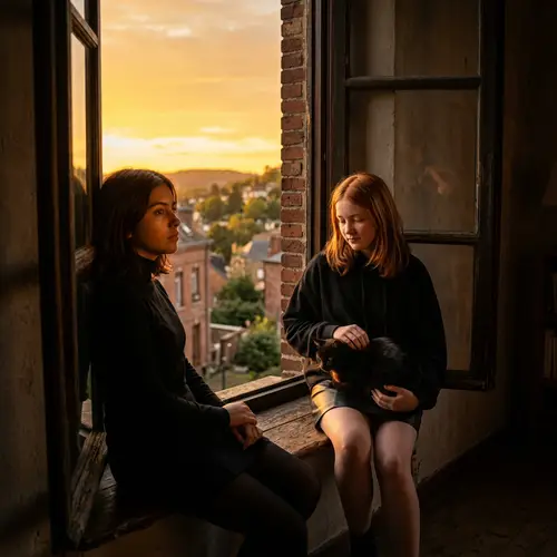Picturesque Sunset Scene with Two Girls in Edward Hopper Style