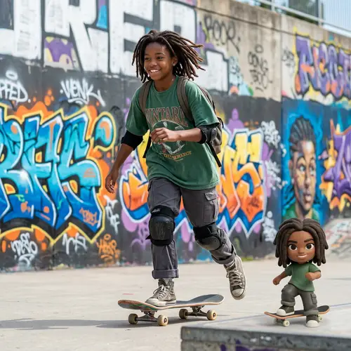 Doll Print Black Girl on a Skateboard with Dreadlocks