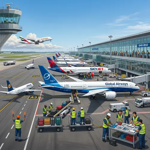 Bustling Airport Scene: Aircraft, Crew, and Passengers