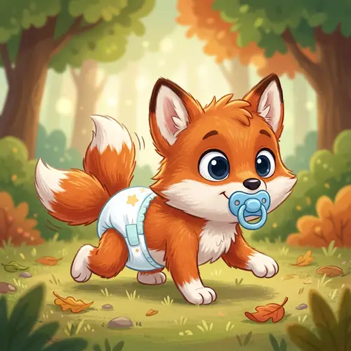 Newly Born Cartoon Fox in Diaper Crawling