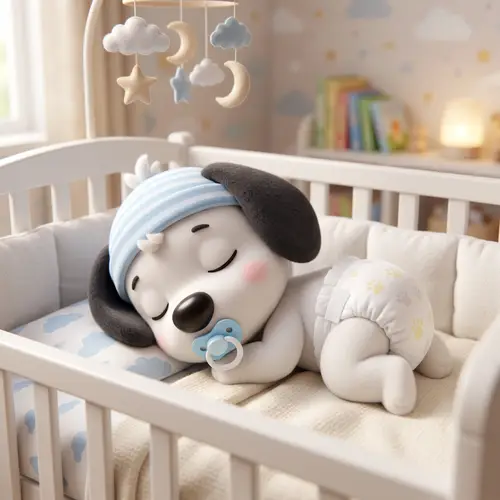 Adorable 0-Month-Old Cartoon Puppy in Diapers Sleeping in Crib