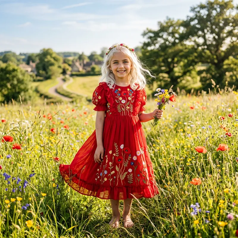 Youthful Beauty: Enchanting Image of a 7-Year-Old Girl in Red Dress