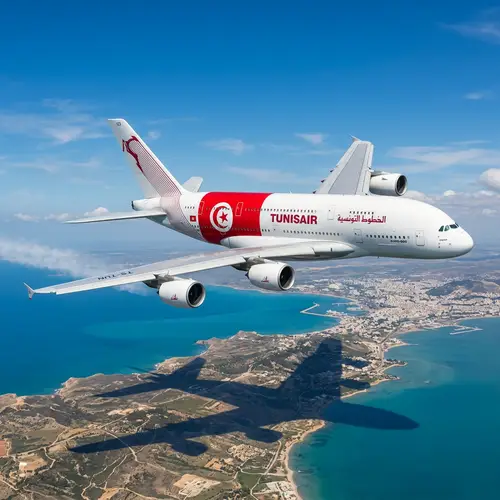 Airbus A380 Flying Over Tunisia Flag in Clear Sky