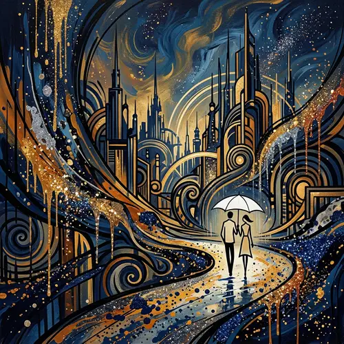 Elegant Minimalist Abstract Art with White Umbrella Figures