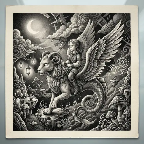 Intricate Lithograph: Girl Riding Mythical Creature in Dream Landscape