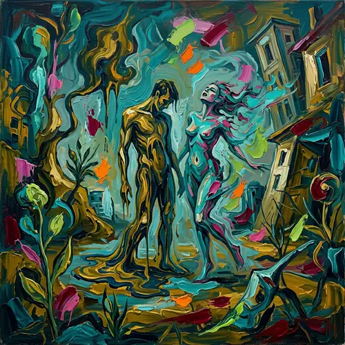 Abstract Expressionist Oil Painting of Melted Couple in Surreal Environment