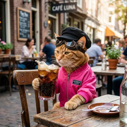 Fashionable Cat in Pink Jacket with Goggles and Black Cap