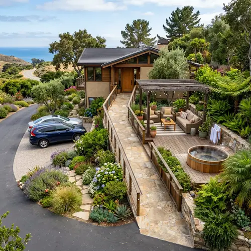 Elegant Home Entrance with Parking and Garden Oasis