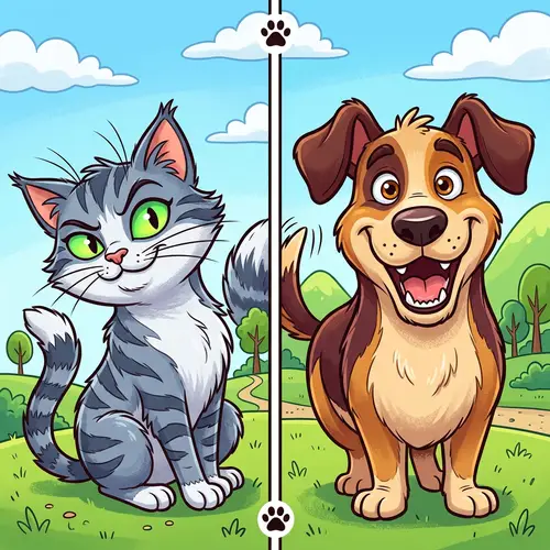 Playful Cartoon Image: Mischievous Cat and Friendly Dog