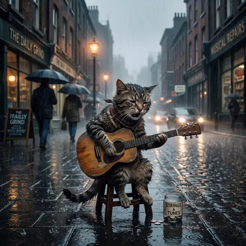 Melancholic Cat Playing Guitar in the Rain