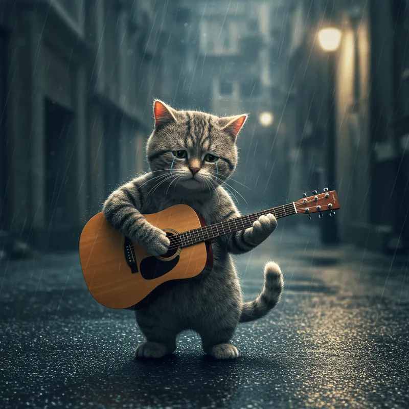 Melancholic Cat Playing Guitar in the Rain
