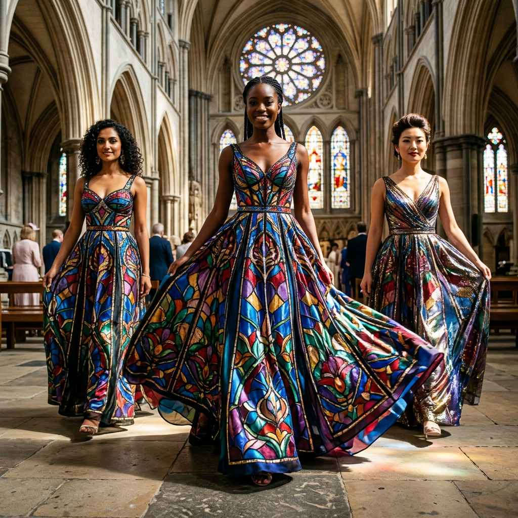 Stained Glass Gown: Vibrant Cathedral Hues | AI Art Generator