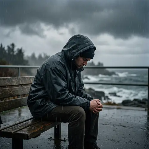 Lost in Emotional Struggle: Seated Figure Amidst Stormy Environment