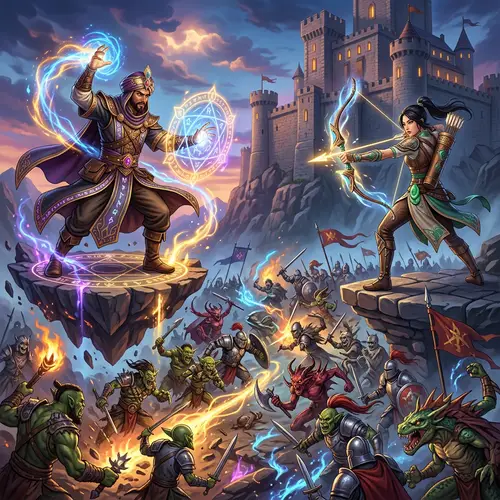 Fantasy Mobile Game Characters Battling on Mystical Energy Field