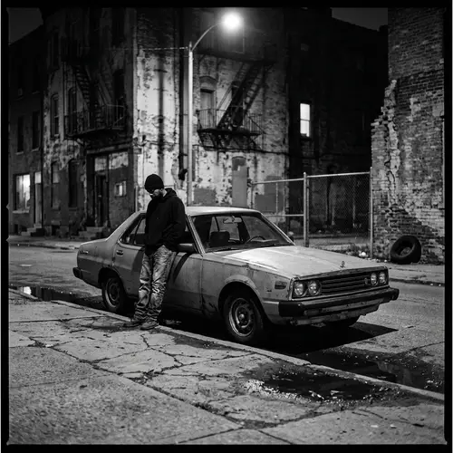 Vintage Nissan Skyline in Distressed Urban Setting | Film Noir Aesthetic