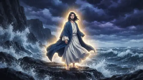 Jesus Christ in Epic Anime Art - Stormy Seashore