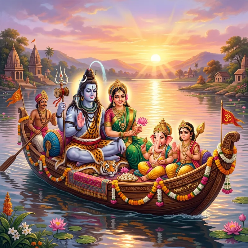 Hindu Deities Shiva, Parvathi & Kids on Boat with Sun & Water