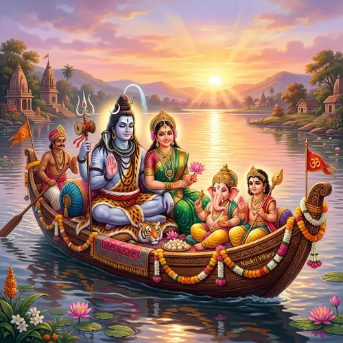 Artistic Representation of Hindu Deities Shiva and Parvathi on a Boat