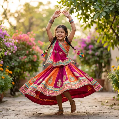 Joyful South Asian Girl Dancing in Colorful Traditional Dress