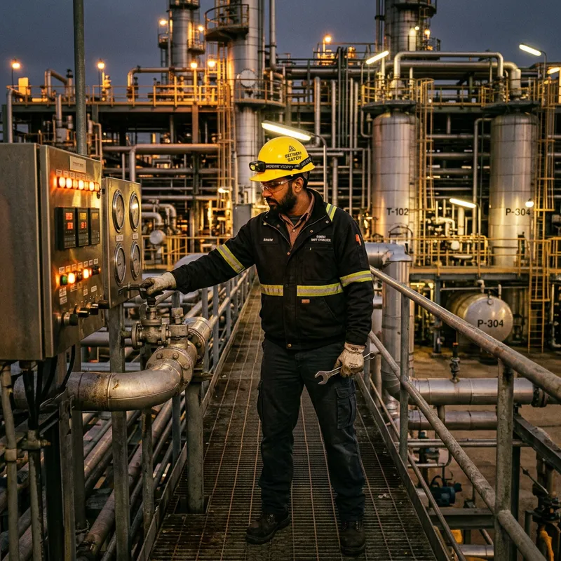 South Asian Operator in Gas Refinery with Yellow Hat South Asian Operator in Gas Refinery with Yellow Hat