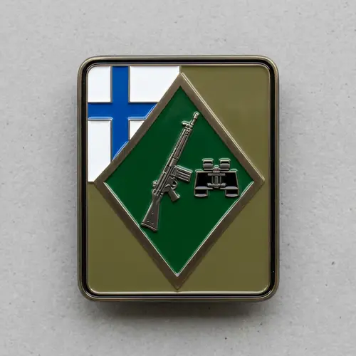Rectangular Chevron with Flag Design, AK-74 Rifle, and Binoculars